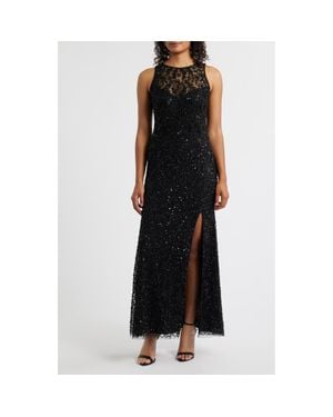 Pisarro Nights Floral Beaded Sequin Sleeveless A-Line Gown - Black
