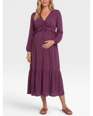 Motherhood Maternity Long Sleeve Ruffle Midi Maternity Dress - Purple