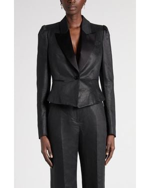 McQueen Peak Lapels Puff Sleeve Linen Jacket - Black