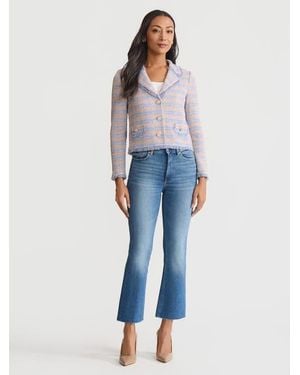 Misook Relaxed Plaid Fringe Trim Knit Jacket - White