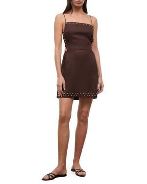 STAUD Angelique Stud Detail Open Back Linen Minidress - Brown