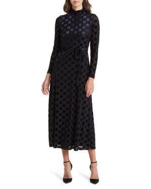Anne Klein Velvet Dot Mock Neck Long Sleeve Dress - Black