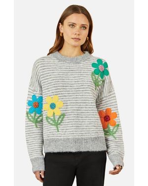 Yumi' Striped Floral Applique Sweater - Gray