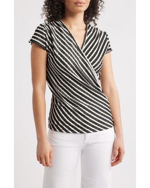 Loveappella Puckered Stripe Wrap Front Top - Black