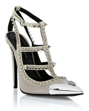 Philipp Plein Leather Strass Sandals High Heels Studs - White