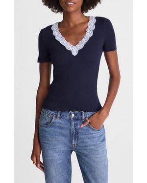 Madewell Lace Trim V-Neck Rib Top - Blue
