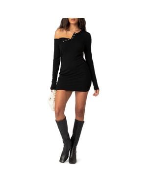 Edikted Soleste Long Sleeve Rib Henley Minidress - Black