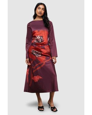 Warehouse Floral Placement Print Satin Midi Dress - Red