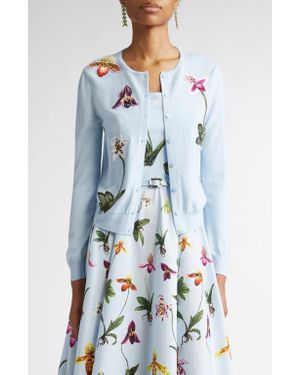 Oscar de la Renta Orchid Embroidered Virgin Wool Cardigan - Blue