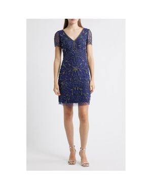 Pisarro Nights Beaded Double V-Neck Dress - Blue