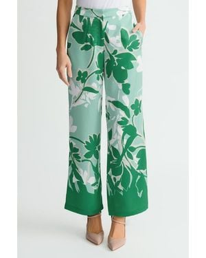 Ming Wang Crepe De Chine Floral Printed Wide Leg Pants - Green