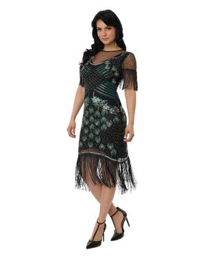 Unique Vintage Beaded Nadine Fringe Flapper Dress - Black