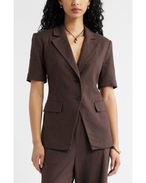 Open Edit Short Sleeve Linen Blend Blazer - Brown