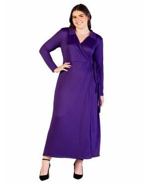24seven Comfort Apparel Comfortable Collared Wrap Maxi Dress - Purple