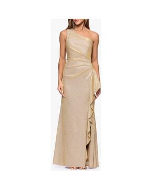 Xscape Evenings Glitter Galaxy Ruffle One-Shoulder Gown - Natural