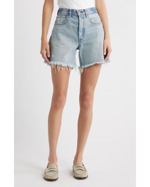 Moussy Nolita Frayed High Waist Mid Thigh Denim Shorts - Blue
