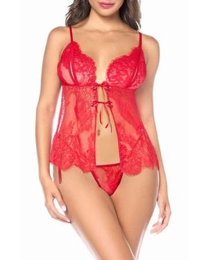 MAPALE Tie Front Lace Babydoll Chemise & Thong Set - Red