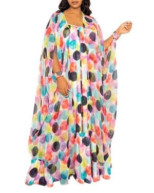 Buxom Couture Polka Dot Print Chiffon Robe With Wrist Bands - White