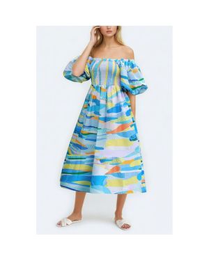 Jessie Zhao New York Landscape Smocked Cotton Silk Dress - Blue