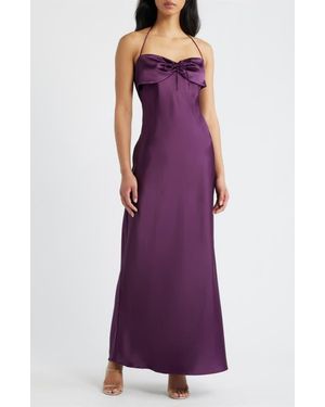 Princess Polly Fireproof Ruched Halter Satin Gown - Purple