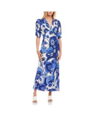 Karen Kane Floral Puff Sleeve Bias Maxi Dress - Blue