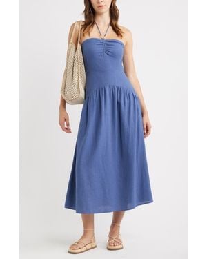Treasure & Bond Halter Neck Drop Waist Linen Blend Maxi Dress - Blue