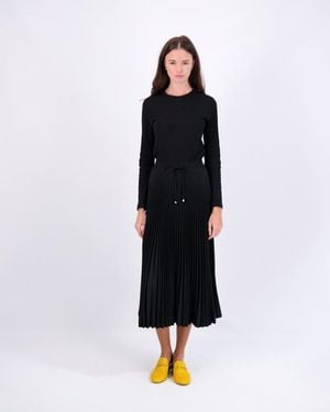 Viva K Accordion Pleated Elastic Waist Tie Front Midi Skirt - Black