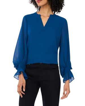 Vince Camuto Ruffle Cuff Split Neck Top - Blue