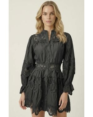 Modenaire Lace Trim Button Front Mini Dress - Black