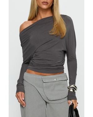 Princess Polly Party Hour Ruched One-Shoulder Long Sleeve Top - Gray