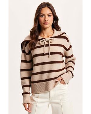 Modenaire Striped Crewneck Sweater With Sailor Collar And Front Tie Detail - Natural