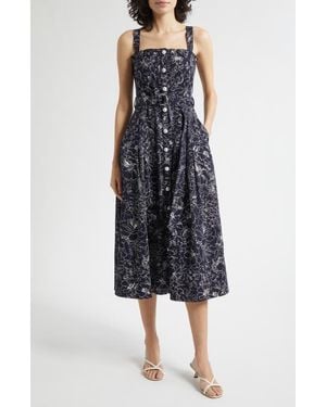 Cinq À Sept Branwen Garden Doodle Belted Denim A-Line Midi Dress - Blue