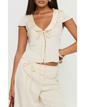 Princess Polly Aubrette Peter Pan Collar Satin Top - Natural
