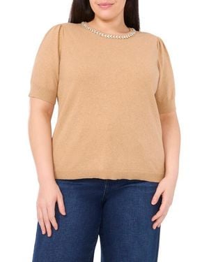 Cece Rhinestone Embellished Short Sleeve Sweater - Blue