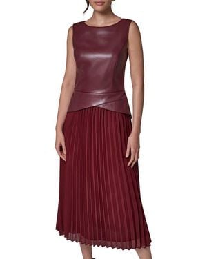 Donna Karan Faux Leather & Pleated Dress - Red
