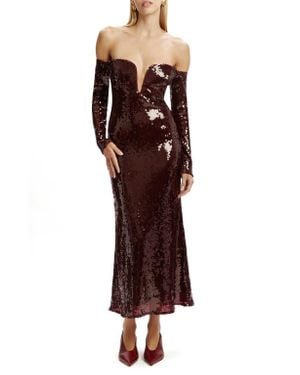 Bardot Emmeline Sequin Long Sleeve Off The Shoulder Dress - Brown