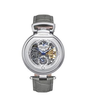 Heritor Lincoln Leather-Band Skeleton Watch With Moon Phase - Metallic