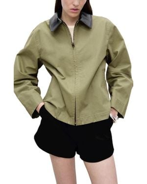 Mango Cotton Jacket With Faux Leather Collar - Green