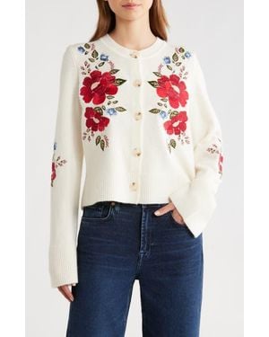 FARM Rio Embroidered Flowers Wool Cardigan - Blue
