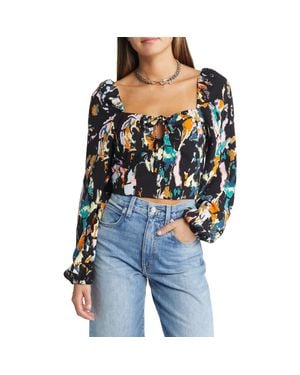 Open Edit Ruched Long Sleeve Keyhole Crop Top - Blue