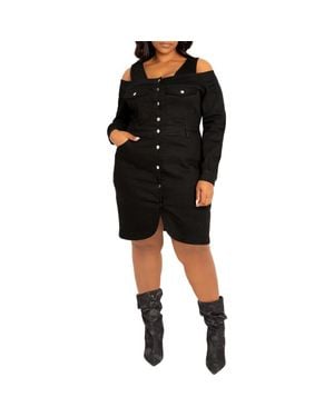 Buxom Couture Off The Shoulder Long Sleeve Denim Dress - Black