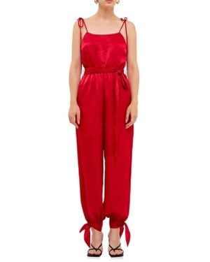 Endless Rose Tie Detail Slit Leg Satin Jumpsuit - Red