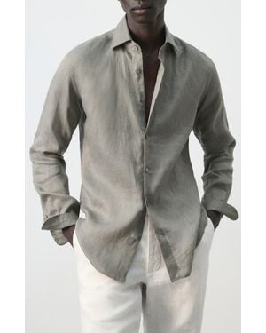 Mango Slim Fit Linen Button-Up Shirt - Gray