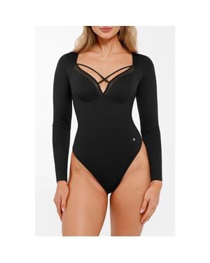 Popilush Shapewear Long Sleeve Mesh Inset Tummy Control Bodysuit - Black
