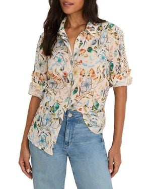 NIC+ZOE Pressed Flower Crochet Trim Cotton Button-Up Top - Blue