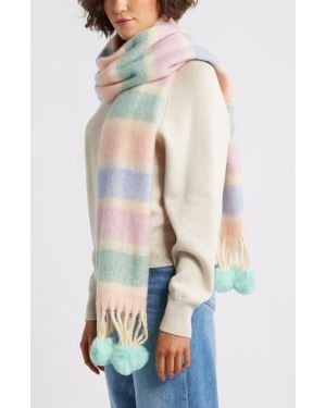 Tasha Pastel Stripe Scarf With Faux Fur Pom Fringe - White