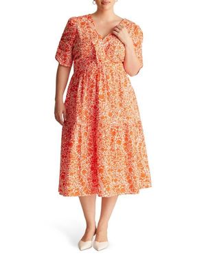 Estelle Dreamaya Floral Front Flap Fit & Flare Midi Dress - Orange