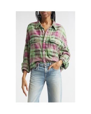 R13 Oversize Fray Hem Plaid Button-Up Crop Work Shirt - Blue