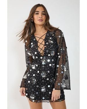 Nasty Gal Lace Up Fluted Sleeve Mini Dress - Black