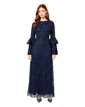 MARYISA Modest Embellished Sequin Beaded Maxi Dress With Frilled Sleeves - Blue